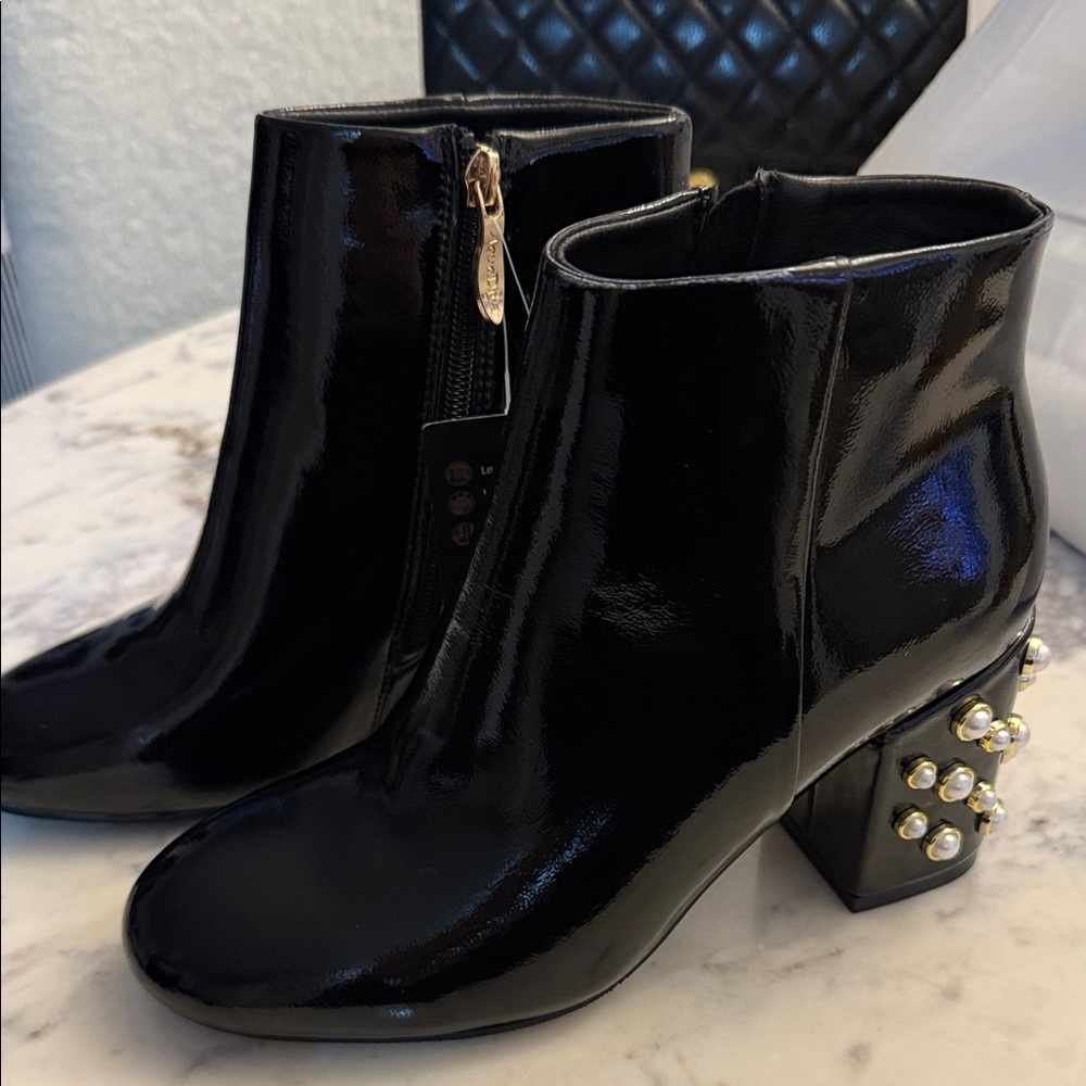 NWT Glossy Black Boots with Pearl Embellished Heels